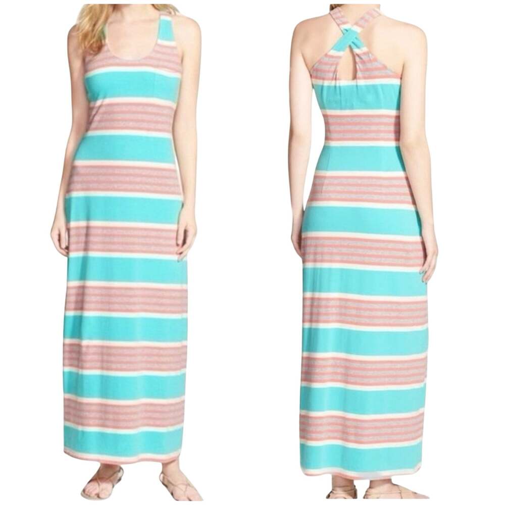 Tommy Bahama Keefe Stripe Maxi Dress S Small Ice Cave Cross Back Shelf Bra